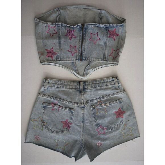 Nasty Gal Women's Sz 4 Embellished Star Hotfix Denim Shorts/Sz 10 Crop Top Set - Picture 2 of 11